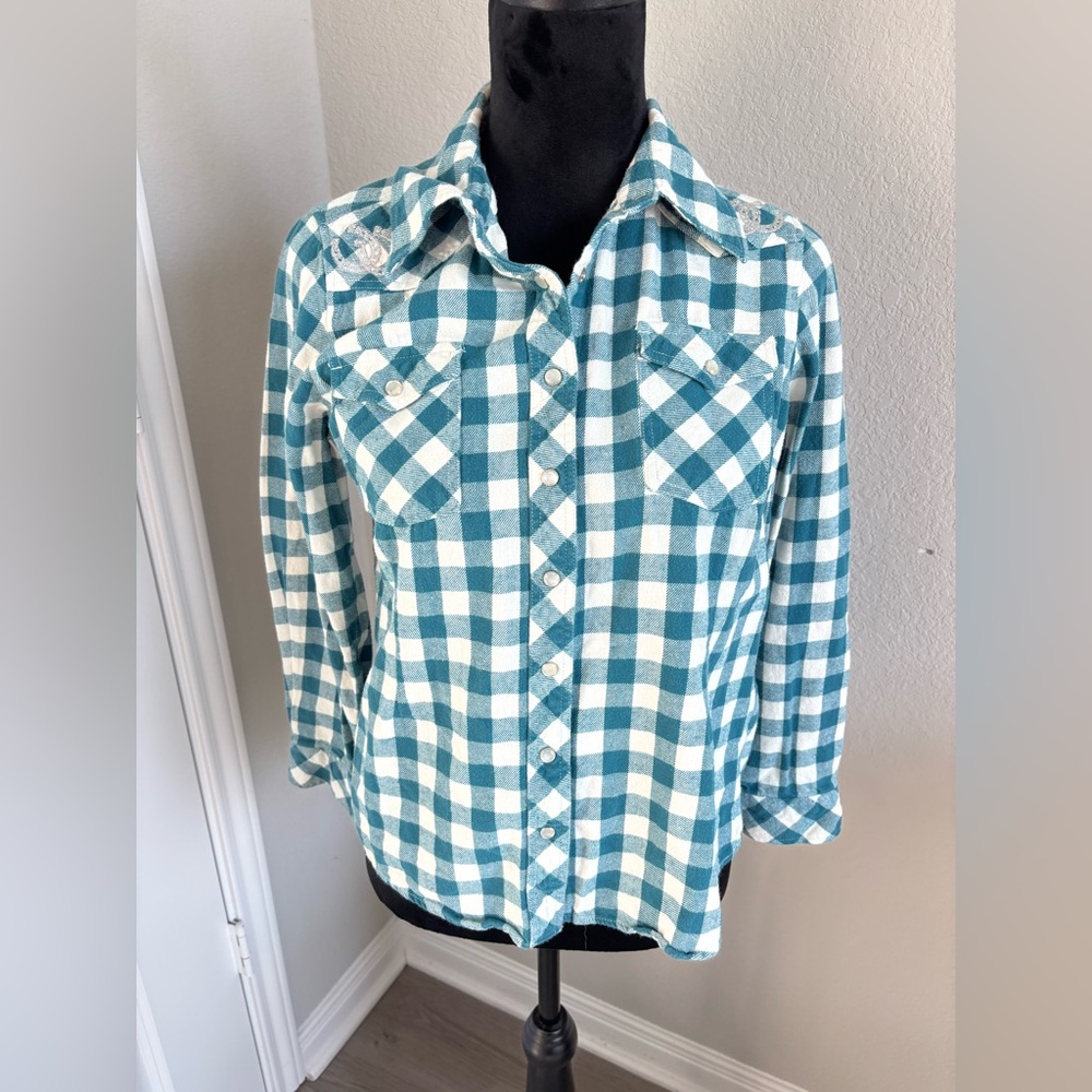 Bit & Bridle Women's Pearl Snap Western Flannel Shirt‎ Teal & White Sz Small